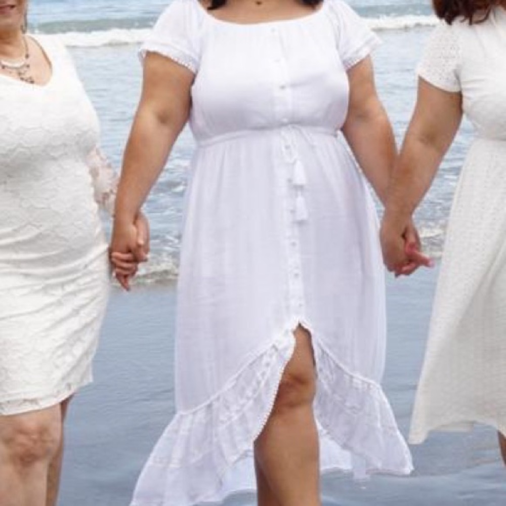 White off the shoulder high low dress